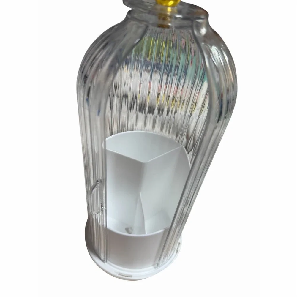 Clear Ribbed Makeup Organizer Jar with Lid Gold Knob 3-Compartment Insert